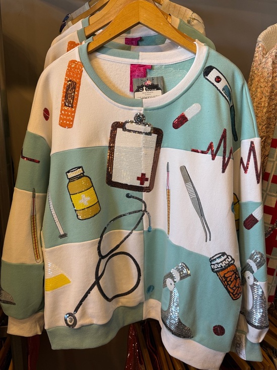 QUEEN OF SPARKLES Tops - QUEEN OF SPARKLES Light Blue & White Checkered Medical Instrument Sweatshirt